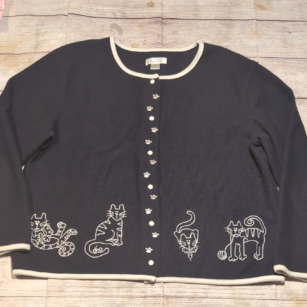 Christopher & Banks Navy & White Cardigan Cat Embroidered Detail Sweater Size M